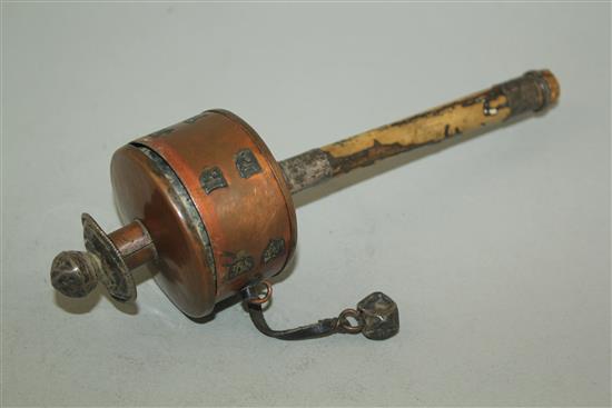 A Tibetan childs copper and wood prayer wheel, late 19th century 22.5cm